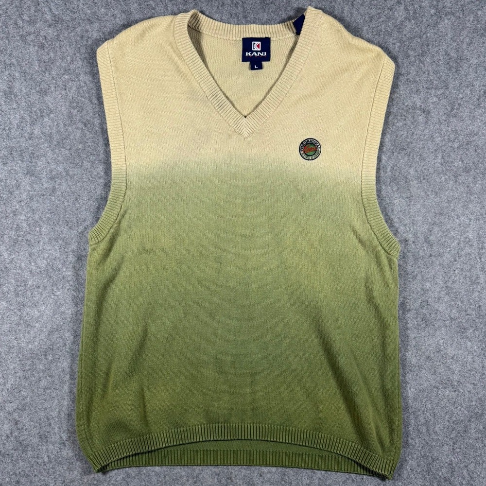 Karl Kani Sweater Vest Mens Large Green Beige Ombre V-Neck Knit 90s Hip Hop